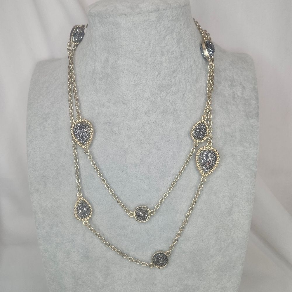 NWOT Two Tone Gold Silver Druzy Station Layering Necklace Long 38" Pave Crystal